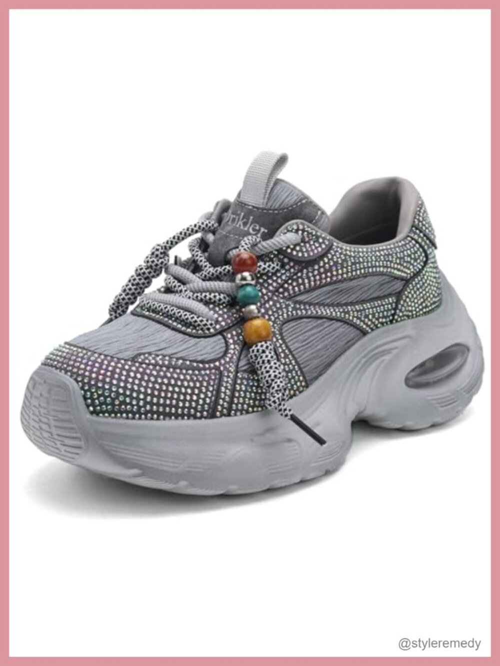 Rhinestone Platform Chunky Sneakers Beaded Lace Up Comfort Walking Shoes